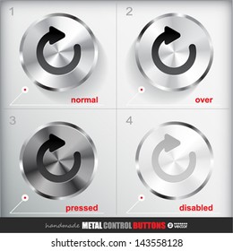 Set of four positions of Circle Metal Reload Button.  Normal/Up, Over, Pressed/Active and Disabled/Hit states. Applicated for HTML and Flash styling controls. Vector eps 10 Illustration.