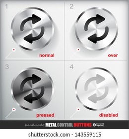 Set of four positions of Circle Metal Repeat Button.  Normal/Up, Over, Pressed/Active and Disabled/Hit states. Applicated for HTML and Flash styling controls. Vector eps 10 Illustration.