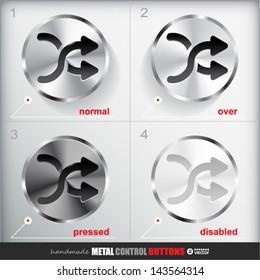 Set of four positions of Circle Metal Shuffle Button.  Normal/Up, Over, Pressed/Active and Disabled/Hit states. Applicated for HTML and Flash styling controls. Vector eps 10 Illustration.