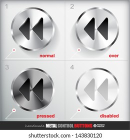 Set of four positions of Circle Metal Rewind Button.  Normal/Up, Over, Pressed/Active and Disabled/Hit states. Applicated for HTML and Flash styling controls. Vector eps 10 Illustration.