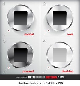 Set of four positions of Circle Metal Stop Button.  Normal/Up, Over, Pressed/Active and Disabled/Hit states. Applicated for HTML and Flash styling controls. Vector eps 10 Illustration.