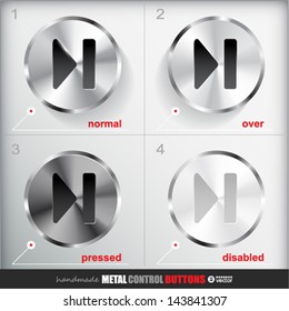 Set of four positions of Circle Metal Skip to the End Button.  Normal/Up, Over, Pressed/Active and Disabled/Hit states. Applicated for HTML and Flash styling controls. Vector eps 10 Illustration.