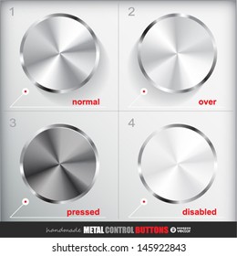 Set of four positions of Circle Metal Button. Normal/Up, Over, Pressed/Active and Disabled/Hit states. Applicated for HTML and Flash styling controls. Vector eps 10 Illustration. 