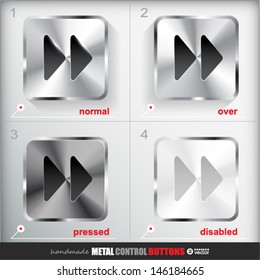 Set of four positions of Square Metal Fast forward Button. Normal/Up, Over, Pressed/Active and Disabled/Hit states. Applicated for HTML and Flash styling controls. Vector eps 10 Illustration. 