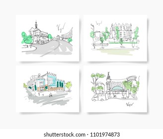 set of four postcards about Kyiv Ukraine landscape, minimalistic digital drawings of the central street historical part of the city, vector illustration collection
