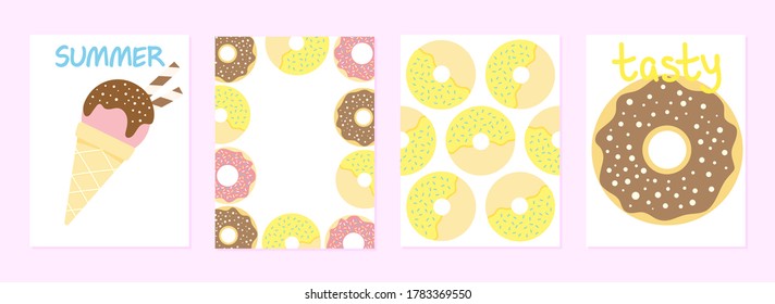 Set of four postcards with different colorful donuts. Donuts with toppings, ice cream 