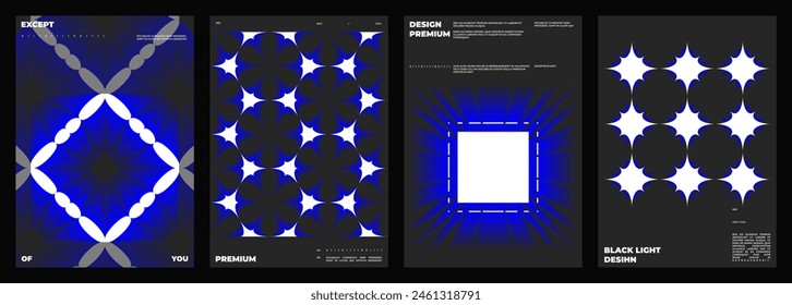 Set of four posters design. Vertical A4 format. Vector banner with neon illustration. Vector blue light abstract art.