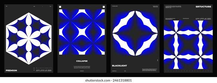 Set of four posters design. Vertical A4 format. Vector banner with neon illustration. Vector blue light abstract art.