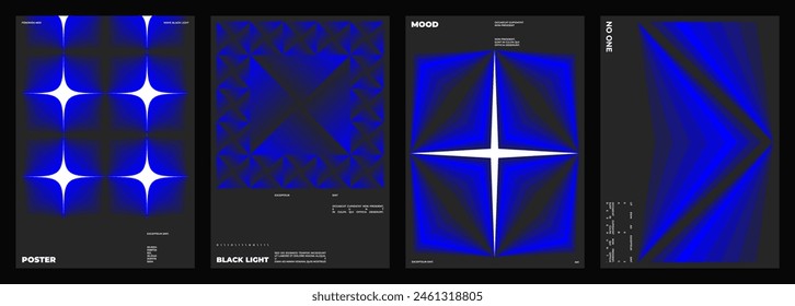 Set of four posters design. Vertical A4 format. Vector banner with neon illustration. Vector blue light abstract art.