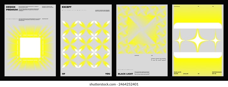Set of four posters design. Vertical A4 format. Vector banner with neon illustration. Vector yellow light abstract art.
