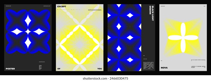 Conjunto de cuatro posters de diseño. Vertical formato A4. Anuncio de Vector con ilustración de neón. Vector amarillo y azul luz arte abstracto.