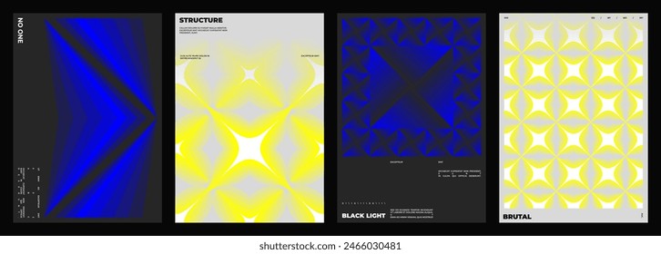 Set of four posters design. Vertical A4 format. Vector banner with neon illustration. Vector yellow and blue light abstract art.