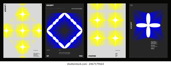 Set of four posters design. Vertical A4 format. Vector banner with neon illustration. Vector yellow and blue light abstract art.