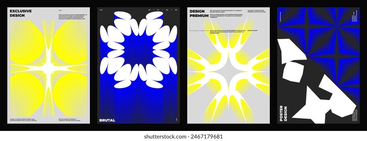 Set of four posters design. Vertical A4 format. Vector banner with neon illustration. Vector yellow and blue light abstract art.