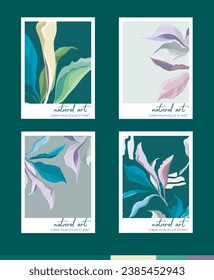 Set of four posters with elegant leaf decoration, vector illustration
