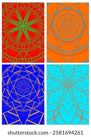 A set of four posters with geometric mandala patterns in different colors