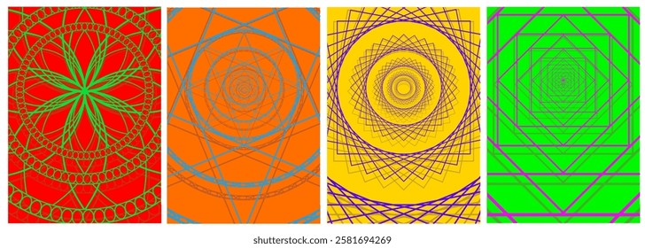 A set of four posters with geometric mandala patterns in different colors