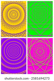 A set of four posters with geometric mandala patterns in different colors