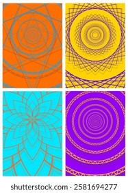 A set of four posters with geometric mandala patterns in different colors