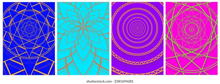 A set of four posters with geometric mandala patterns in different colors