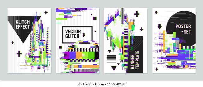 Set of four posters with glitch effect imitating defects of signal on monitor screen flat vector illustration