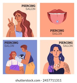 A set of four posters on the theme of a piercing salon. Flat vector illustration of a pierced tongue, and characters with piercings. Ideal for designing advertising leaflets.