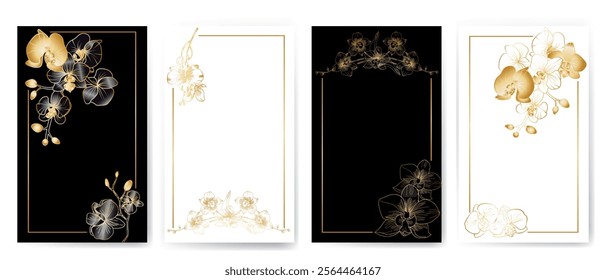 set of four posters with orchids and golden gradient on white and black background