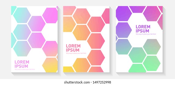 Set of four posters with pastel, vivid, abstract and colorful hexagon vector illustration. Colors of the year. Copy text. Business concept. 