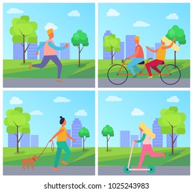 Set of four posters with people in city park. Vector illustration contains man on roller skates, couple riding bicycle, woman with dog and girl on kick scooter