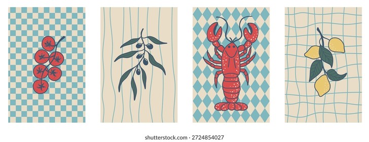 Conjunto de cuatro carteles que muestran la cocina costera italiana con langostas, pescado, verduras e ilustraciones de comida inspirada en el mar.