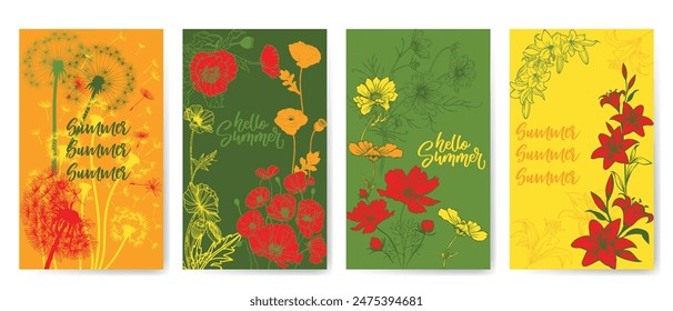 set of four posters with summer flowers, a cover, a set of postcards with cosmos, dandelions, roses, lilies on a different background