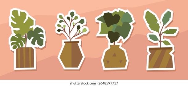 Conjunto de quatro plantas em vaso no estilo adesivo de recorte plano de Monstera, planta florida, folhas ocupadas e panela folhosa