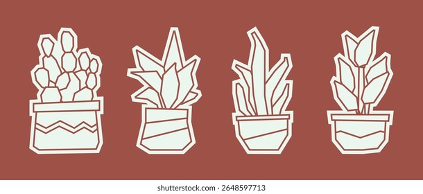 Set of Four Potted Plants in White Filled Icon Style of Cactus, Succulent, Tall Leaf Plant, and Tropical Pot


