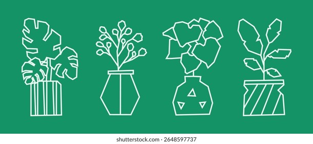 Conjunto de quatro plantas em vaso em linha branca Ícone de arte Estilo de Monstera, Planta de Floração, Folhas Bushy, e Pote Folhoso
