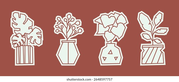 Set of Four Potted Plants in White Filled Icon Style of Monstera, Flowering Plant, Bushy Leaves, and Leafy Pot
