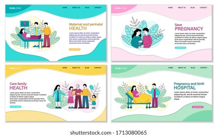 Set of four Pregnancy related templates showing a family with newborn at a doctor, couple bonding with their unborn child, woman in hospital and having a scan, vector illustration with copy space