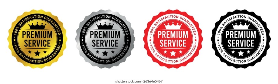 Set of four premium service badge icons in gold, silver, red, and black for quality assurance	
