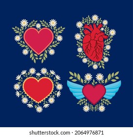 set of four pretty hearts
