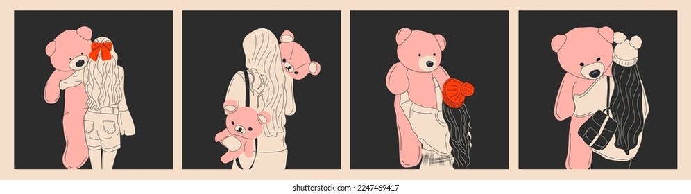 Set of four Pretty women hug a giant teddy bear doll. Fashion girl illustration on dark background .Love, Valentine's Day.