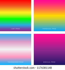 A set of four pride flags with gradients. Bisexual, transgender, pansexual and lgbtq pride