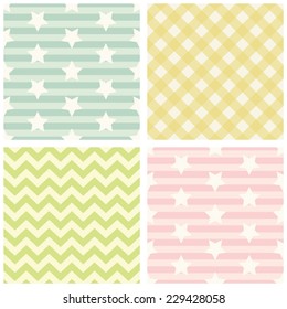 Set of four primitive retro patterns with stars, gingham and chevron ideal for baby shower