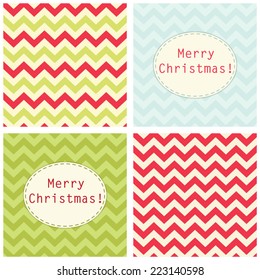 Set of four primitive retro seamless chevron patterns and frames in traditional Christmas colors