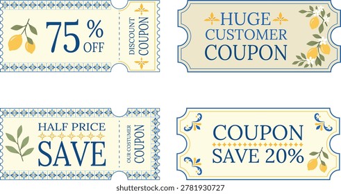 Set of four printable discount coupons in Amalfi coast style with majolica tile borders, lemon branches, and blue navy typography on cream background.