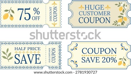 Set of four printable discount coupons in Amalfi coast style with majolica tile borders, lemon branches, and blue navy typography on cream background.