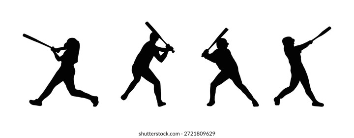 Conjunto de cuatro siluetas de jugador de béisbol profesional que muestran diferentes etapas de un columpio de bateo. Limpie las Formas de Vector negras ideales para materiales de entrenamiento deportivo, logotipos de equipos y carteles de torneos.