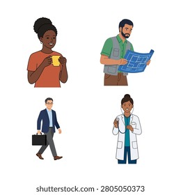Set of four professional and casual characters including coffee drinker engineer walking businessman and doctor vector set.