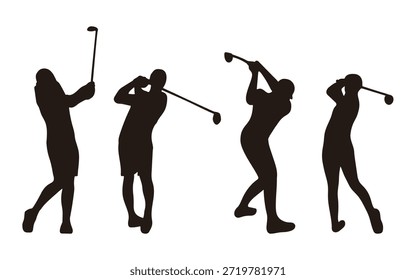 Conjunto de cuatro siluetas profesionales de swing de golf que muestran diferentes poses de un golfista en acción. Limpie las Formas de Vector negro ideales para entrenamiento deportivo, pósters de torneos y la marca de clubes de golf.