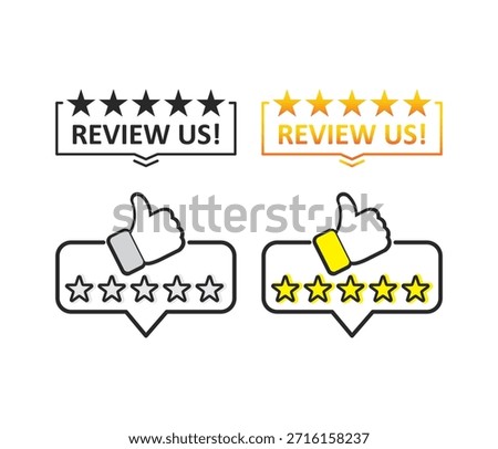 A set of four professional rating widgets featuring five stars and thumbs up symbols. These icons use bold outlines and yellow accents to encourage customer feedback.
