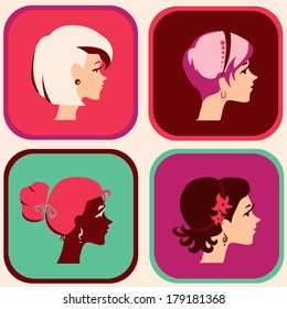 Set with four profile of young pretty girl