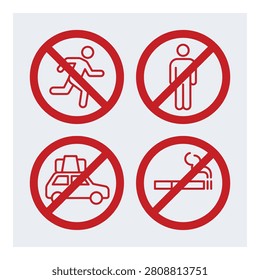 Set of four prohibited activity icons with red circle and slash